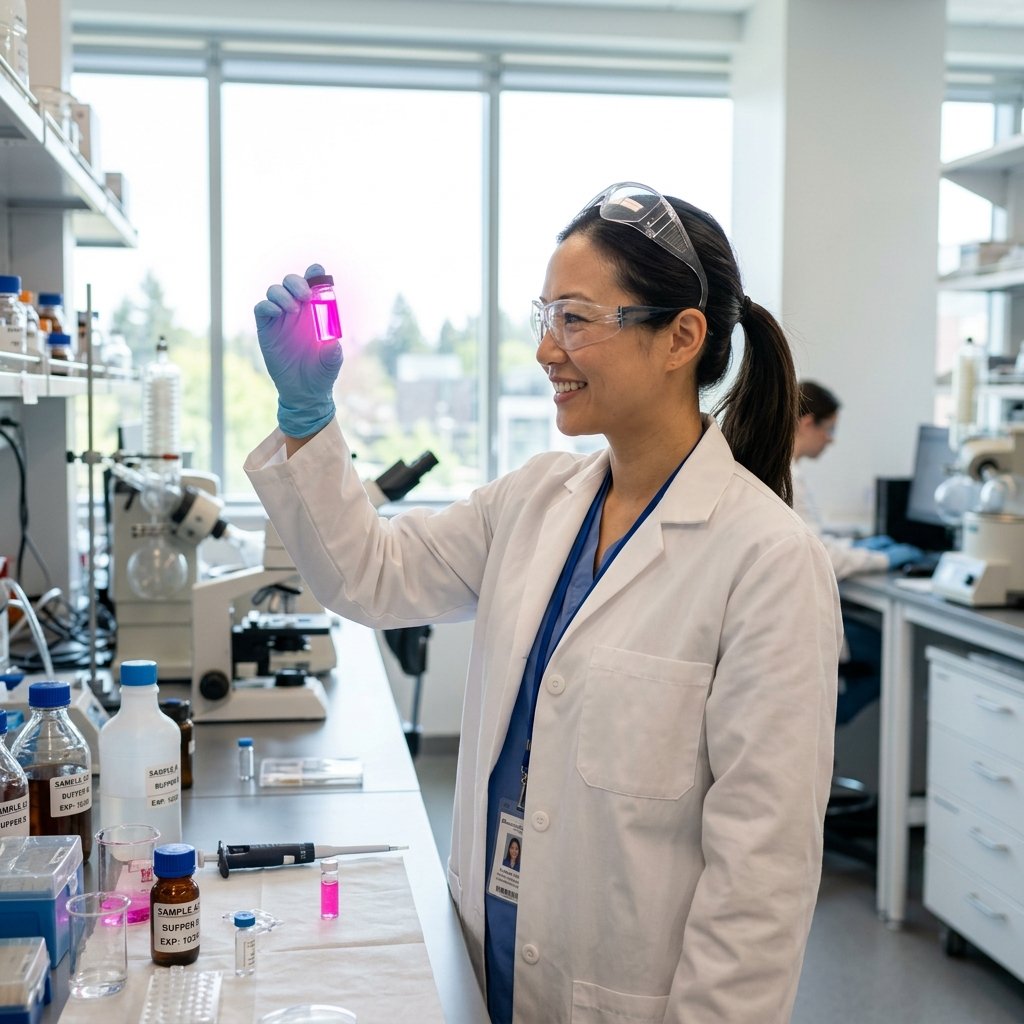 Chemist Analyzing Compound Sample Vial with HPLC Purity Testing
